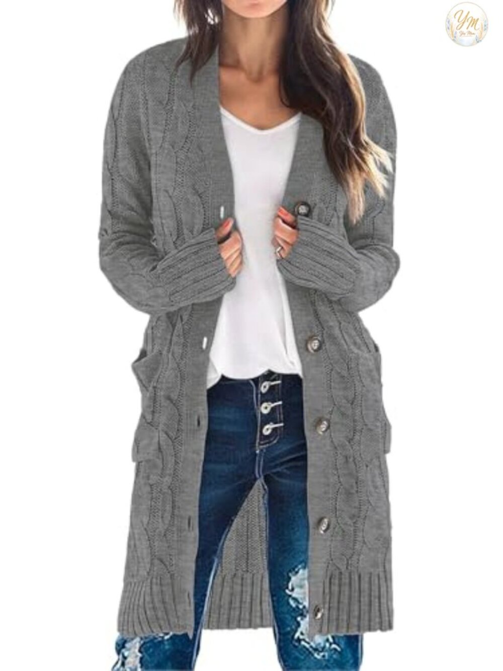 Cable Knit Button Front Long Cardigan Sweater Loose Boyfriend Fit
